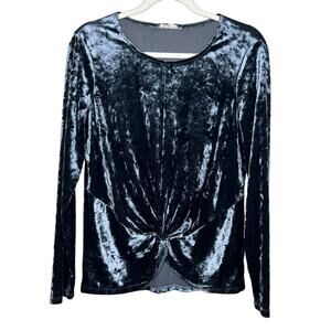 Anthropologie Pleione Steel Blue Crushed Velvet Knot Front Long Sleeve Top Sz S